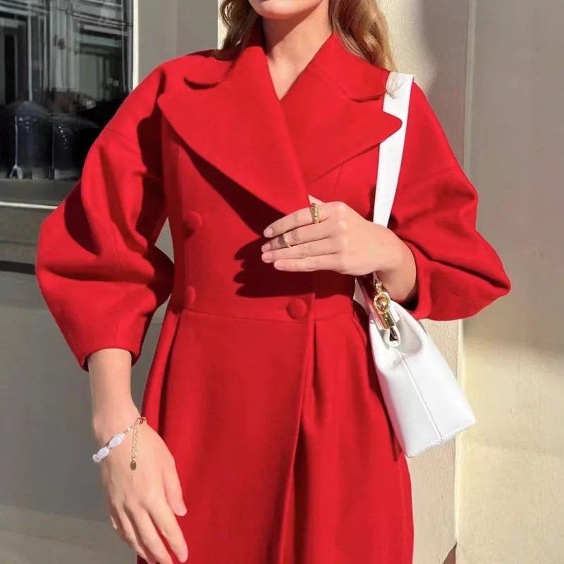Autumn Lantern Sleeves Retro Palace Coat with Lapel and Double Row Buttons Women's Long Jacket Windproof Thick Street Coat 2