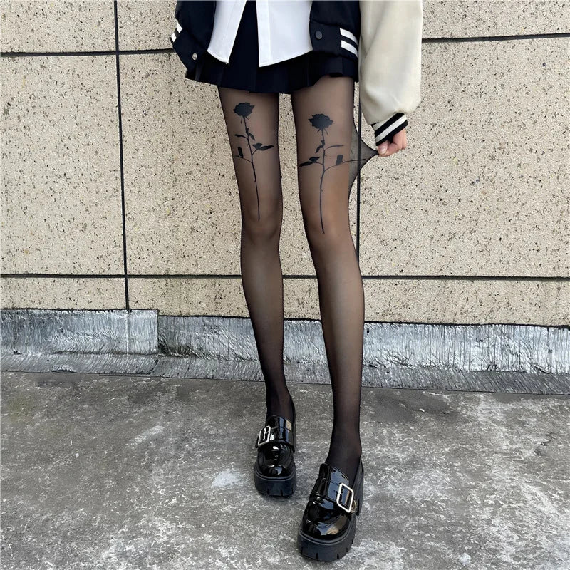 Sexy Women Pantyhose Tights Seamless Ultra-thin Velvet Silk Pantyhose Black Rose Print Tight Stocking Female Hosiery Meias Mujer 5