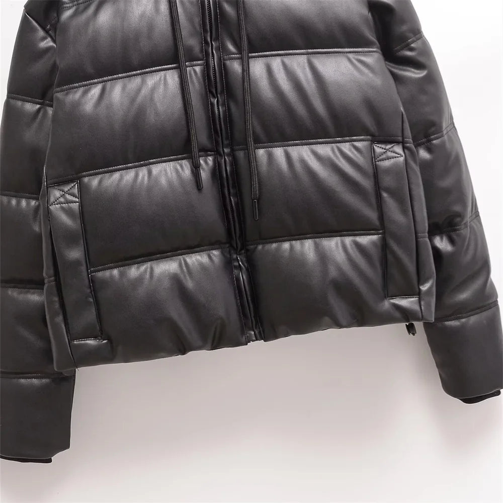 Zach Ailsa women's simple faux leather hooded warm thick cotton clothing autumn and winter new long sleeved jacket jacket 4
