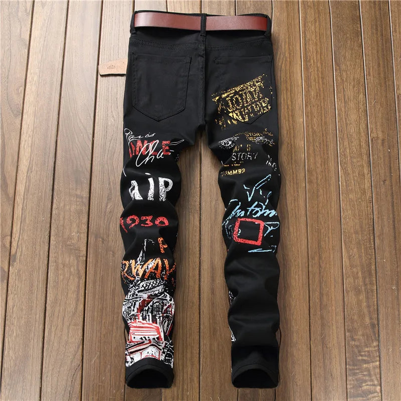 High Street Punk Jeans | Men's Black & White Print Night Out Pants 5