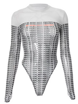 Letter Printed Mesh Transparent Bodysuit Women Panelled Newspaper Long Sleeve Round Neck T-Shirts 5