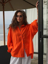 Bornladies 100% Cotton Spring Summer Versatile Lazy Casual Shirt Women's Fashionable Solid Color Loose Shirt Cardigan Shirt 5