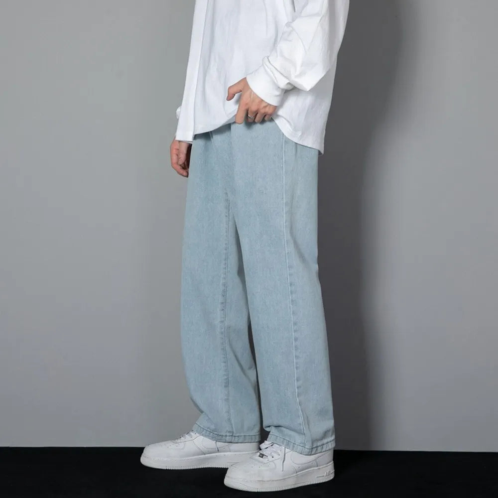 Korean Solid Colors Men's Casual Long Jeans Classic Man Four Seasons Straight Denim Wide-leg Pants Light Blue Grey Black 3XL 2
