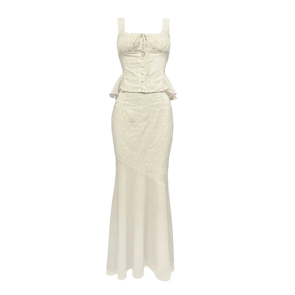 Minigmingxi 2024 New in Summer 2 Piece Dress Set Elegant and Beautiful Dresses Set Beige Long Matching Set Sexy Mermaid Skirt 5