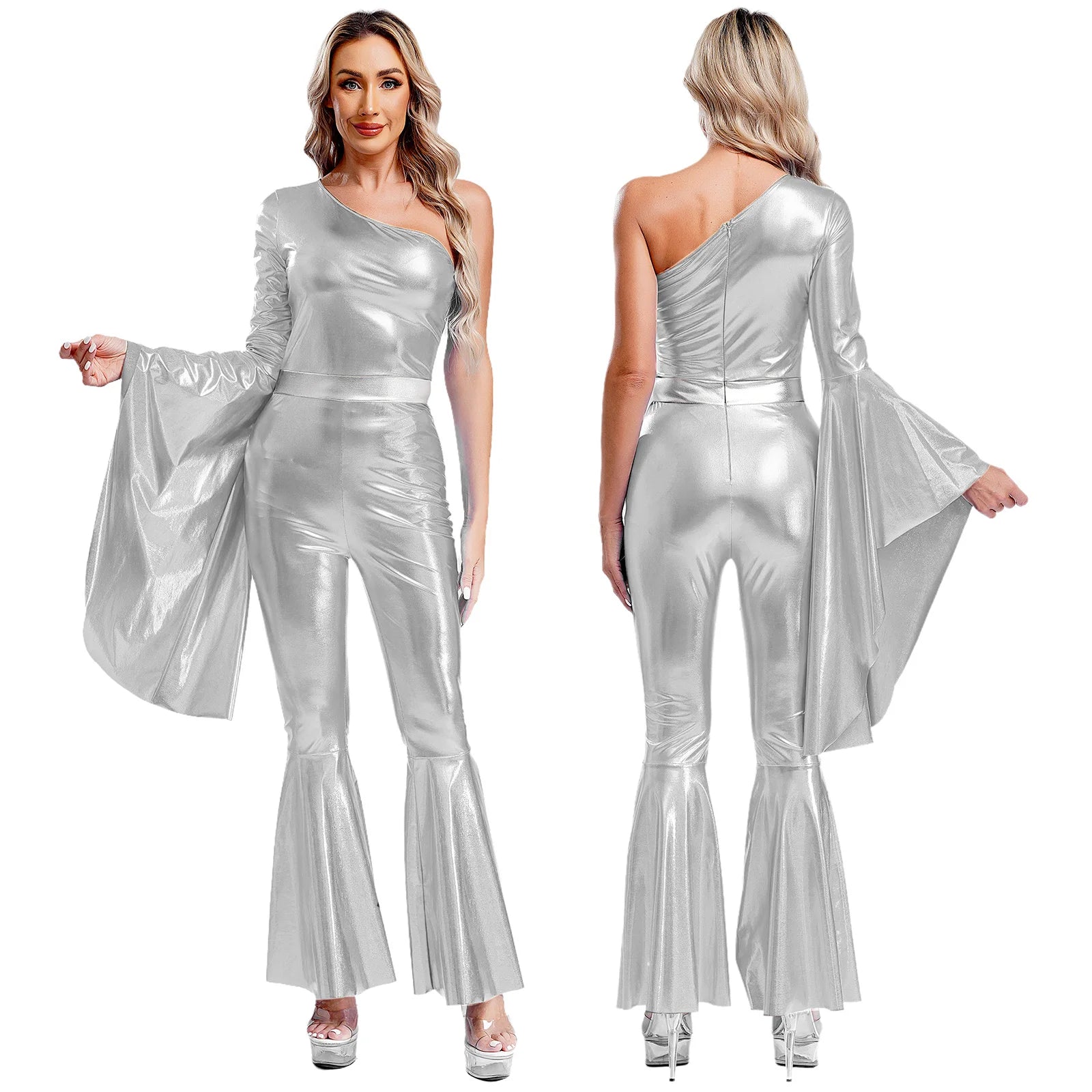 Women's 70s Disco Jumpsuit | Metallic Shiny Bell Bottom Jumpsuit | Halloween Costume, Rave Outfit