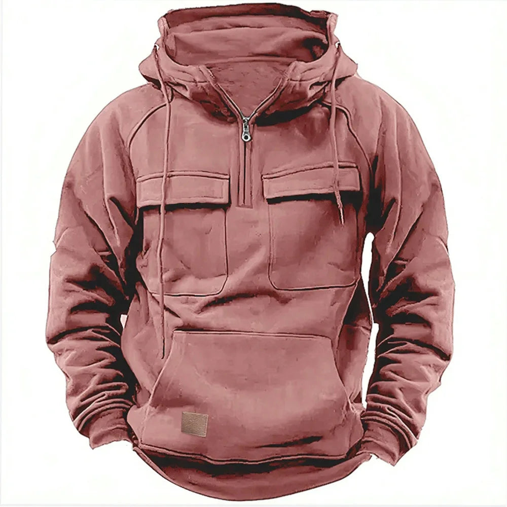 New autumn-winter men's hooded solid-color casual hoodie - fashionable young man's multi-pocket patch hoodie pullover shirt 6