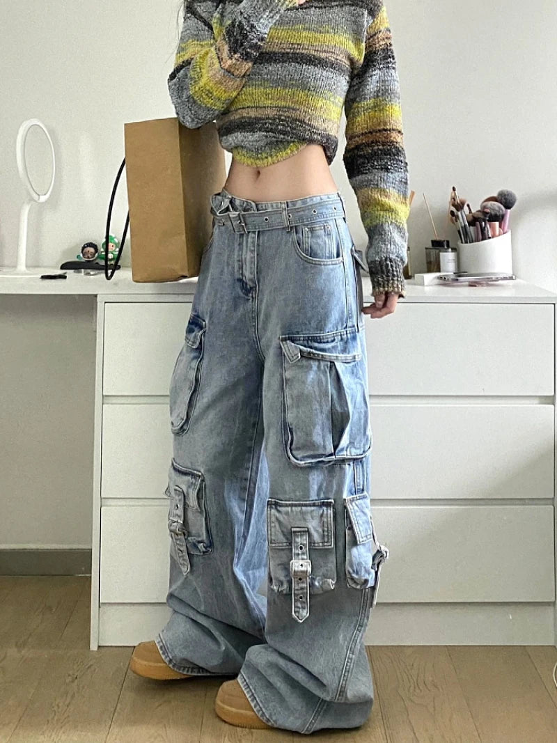 Autumn Winter New Ladies Cargo Jeans American Street Style Baggy Cargo Pants Women Blue Multi-pocket Wide Leg Jeans for Women 3