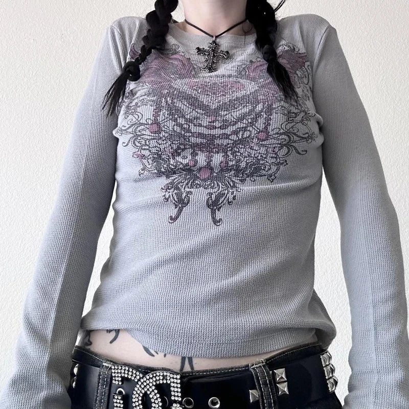 Y2K Grunge Skull Thermal Tee