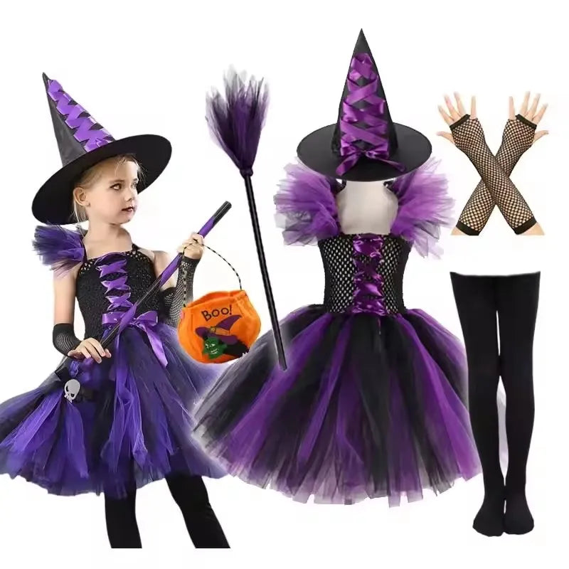 Witch Tutu Kids Halloween Costume Disguise Cosplay Carnival Party Christmas Toddler Girls Princess Dress Prom Gown Dress