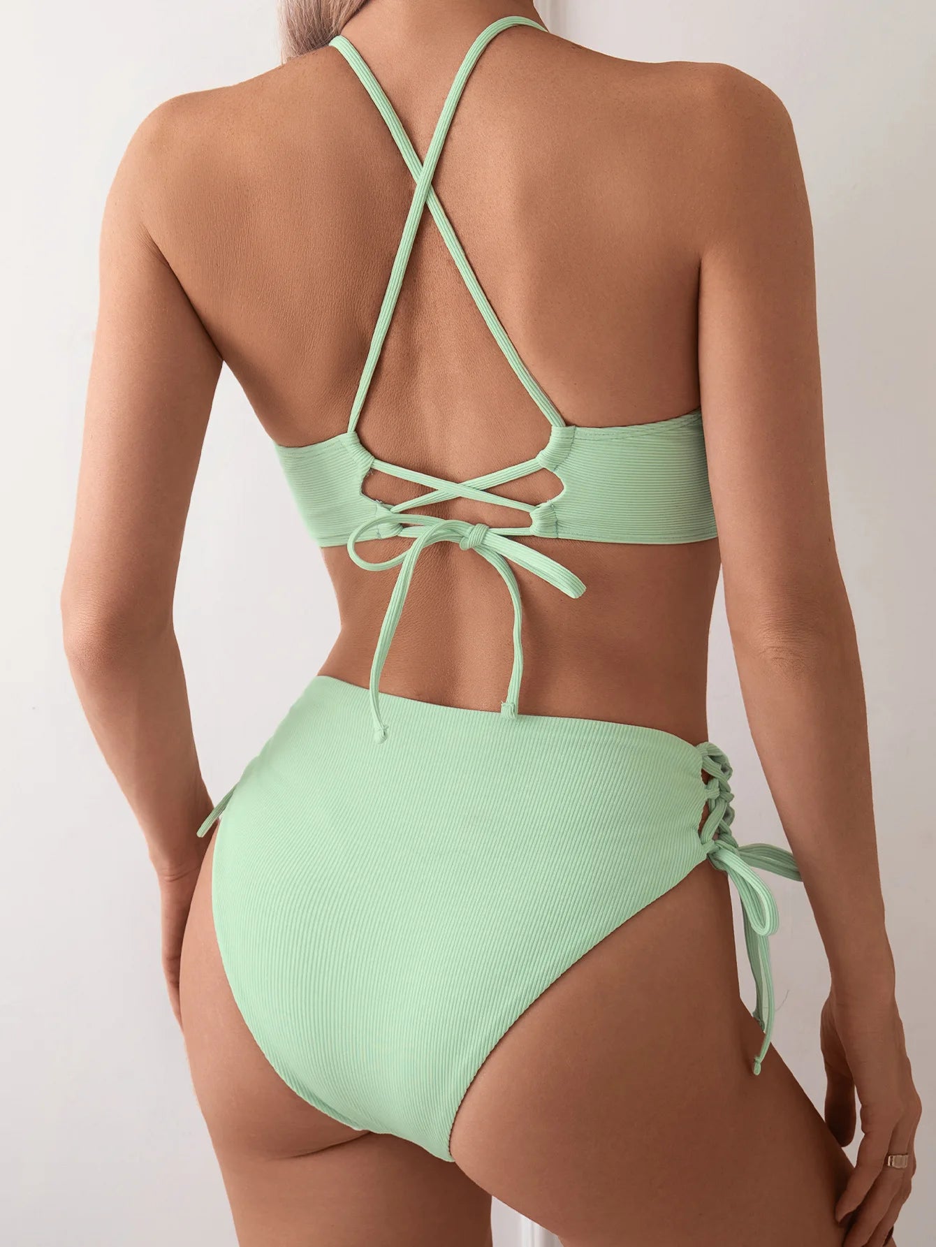 Cikini-V-Neck Split Bikini Set for Women, Sexy Swimsuit, Lace Up, Triangular Bikinis, Solid Color, Beach Swimwear, Bathing Suit 4