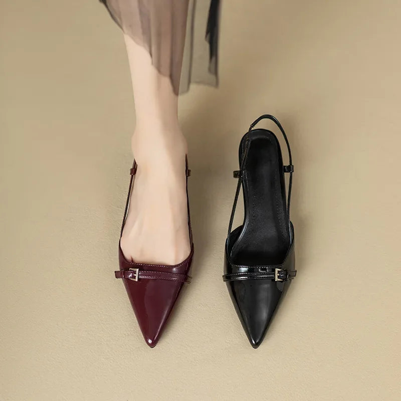 2024 New Summer French Wine Red Pointed Patent Leather Mid-heel Overhead Sandals for Women Retro Skinny Heel Back Empty Shoes 6