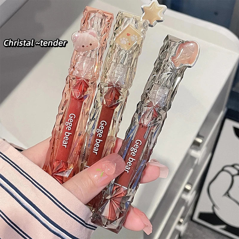 Gegebear Crystal Transparent Lipstick - Long-Lasting Mirror Glaze Easy to Color Lip Gloss with White Drill Detail for Smooth Fin 4