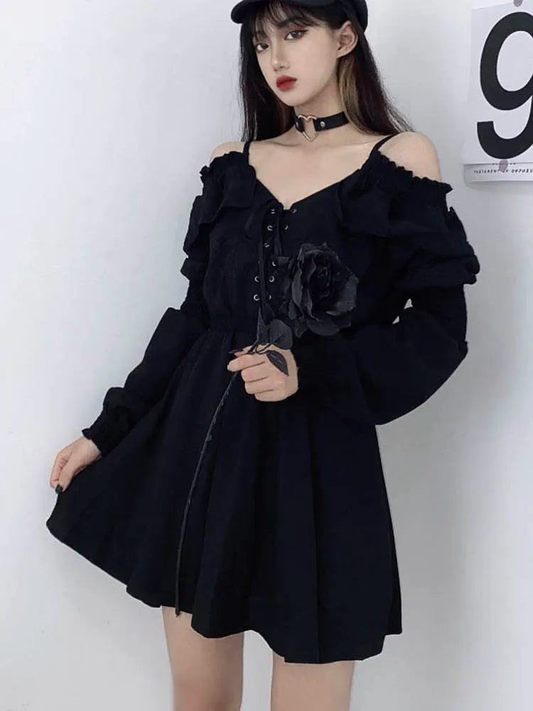 JMPRS Large Size Gothic Women Black Mini Dress Sexy Off Shoulder High Waist Tunic Ladies Party Dress Long Sleeve V Neck Vestidos 5