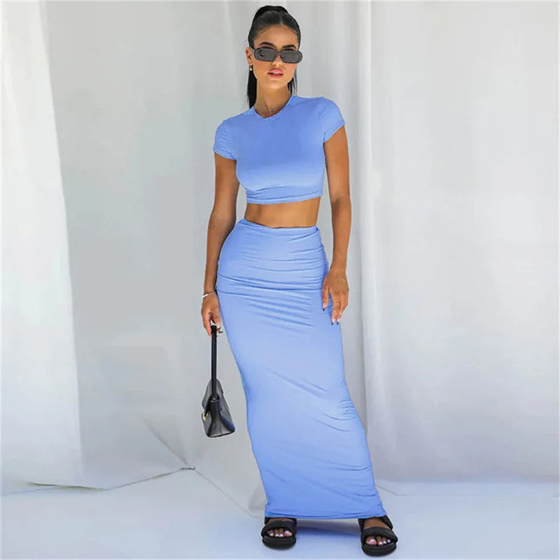 Slim Crop Top Tees Long Skirts Two Piece Set For Women 2024 Summer Short Open Navel Tshirt High Waist Wrapped Skirt Casual Set