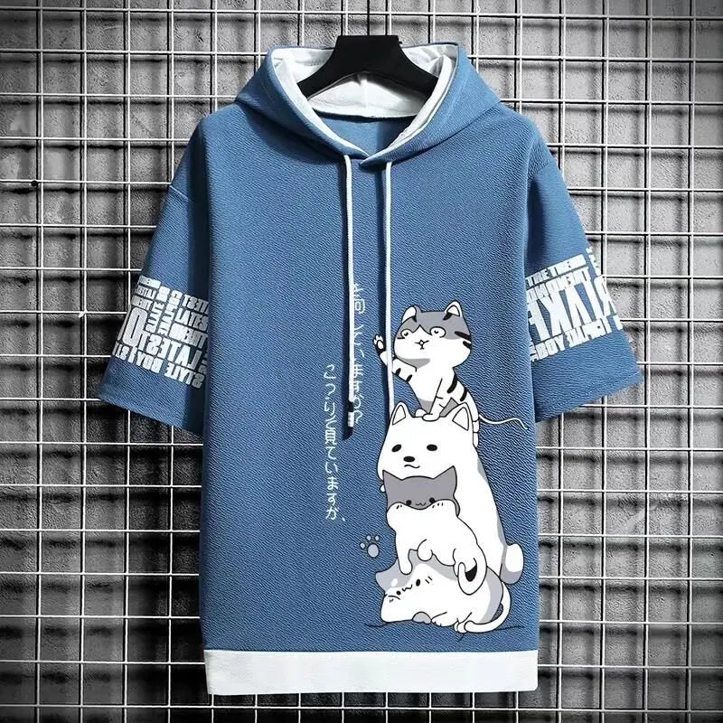 Fashion Men's Hoodies Summer Men Clothing Cartoon Casual Print Hooded Top Short Sleeve Sweatshirts Men 5