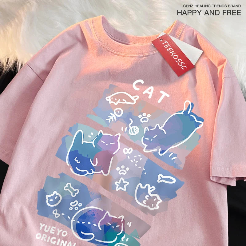 Fun Mischievous Cat Print Japanese Style T-Shirts Men 2