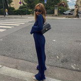 Home Suit Women Long Sleeve T Shirts Two Piece Sets Bodycon Blue Pleated Pants Set Streetwear Elegant Wide Trouser Suits 2023 4