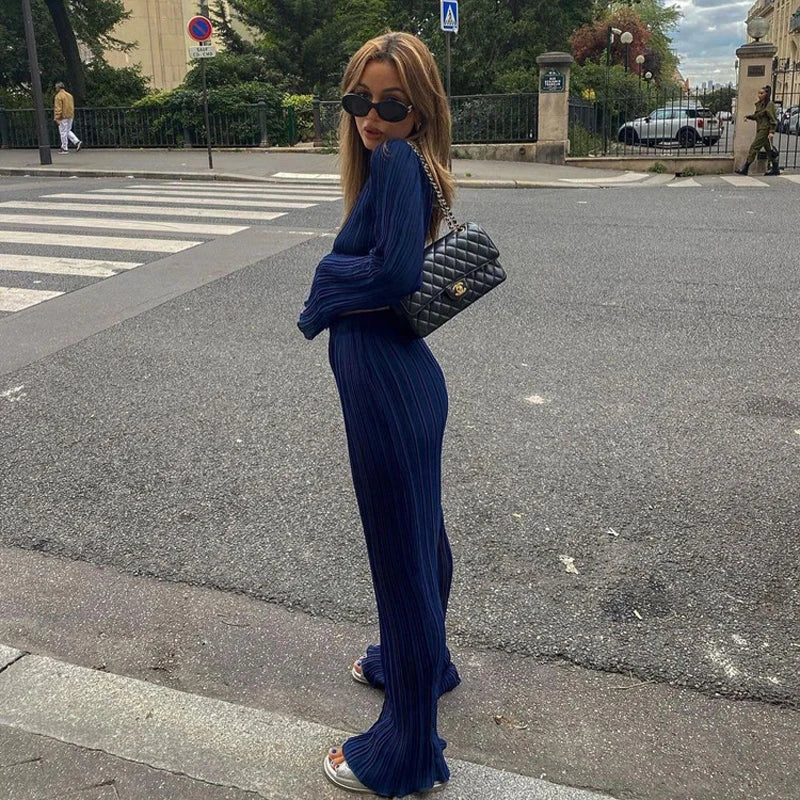 Home Suit Women Long Sleeve T Shirts Two Piece Sets Bodycon Blue Pleated Pants Set Streetwear Elegant Wide Trouser Suits 2023 4