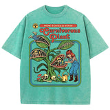 Earnivorous Plant Pattern Washed T-Shirts Men Breathable Cotton Casual T Shirt Soft Summer Comfortable Crewneck Short Sleeve