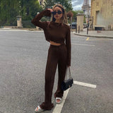 Home Suit Women Long Sleeve T Shirts Two Piece Sets Bodycon Blue Pleated Pants Set Streetwear Elegant Wide Trouser Suits 2023 8