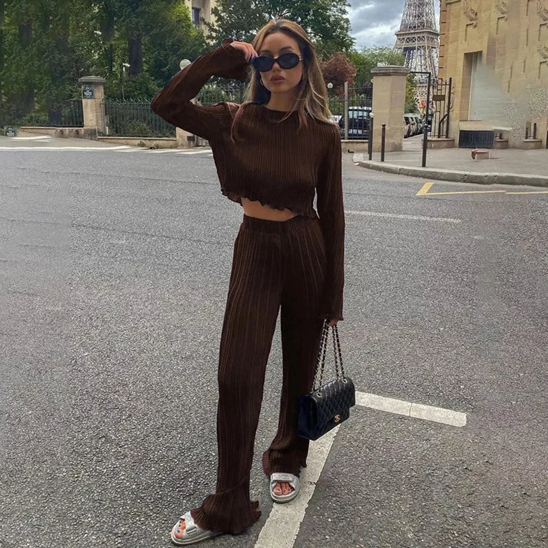 Home Suit Women Long Sleeve T Shirts Two Piece Sets Bodycon Blue Pleated Pants Set Streetwear Elegant Wide Trouser Suits 2023 8