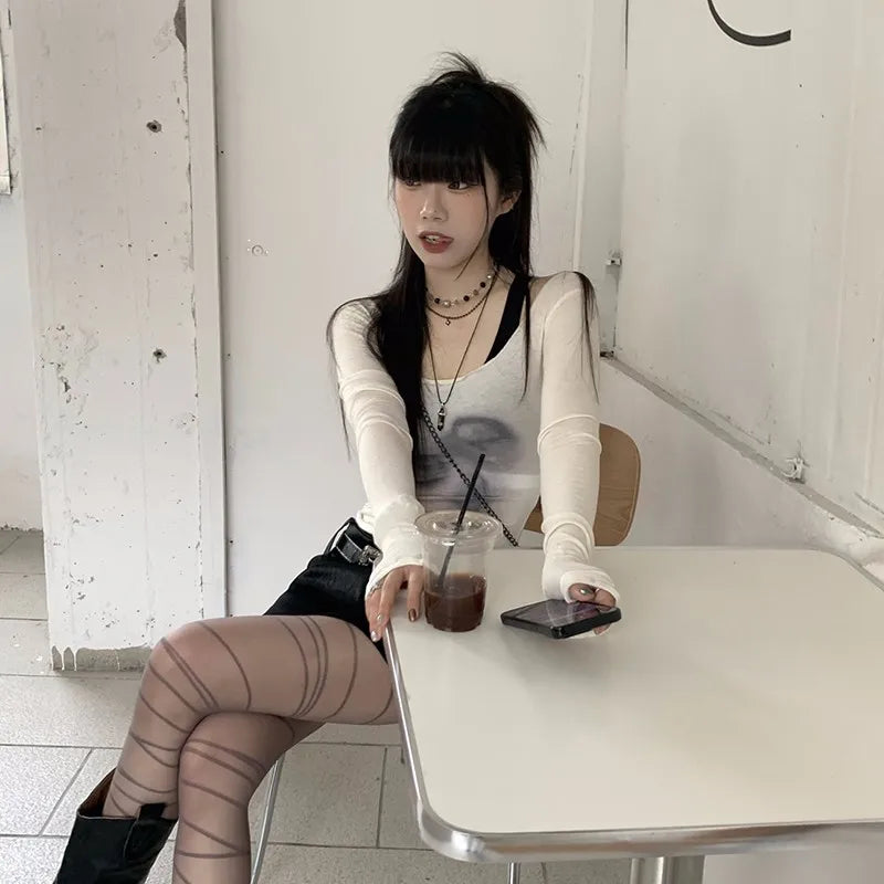 Karrcat Grunge Aesthetics Mesh Top Korean Fashion See Through Crop Top Fairycore Harajuku Sheer Top Chic Designer Clothes Y2k 5