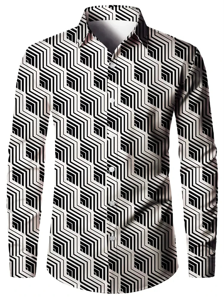 Men's 3D Textured Printed Casual Shirt Buttoned Long Sleeve Shirt 3