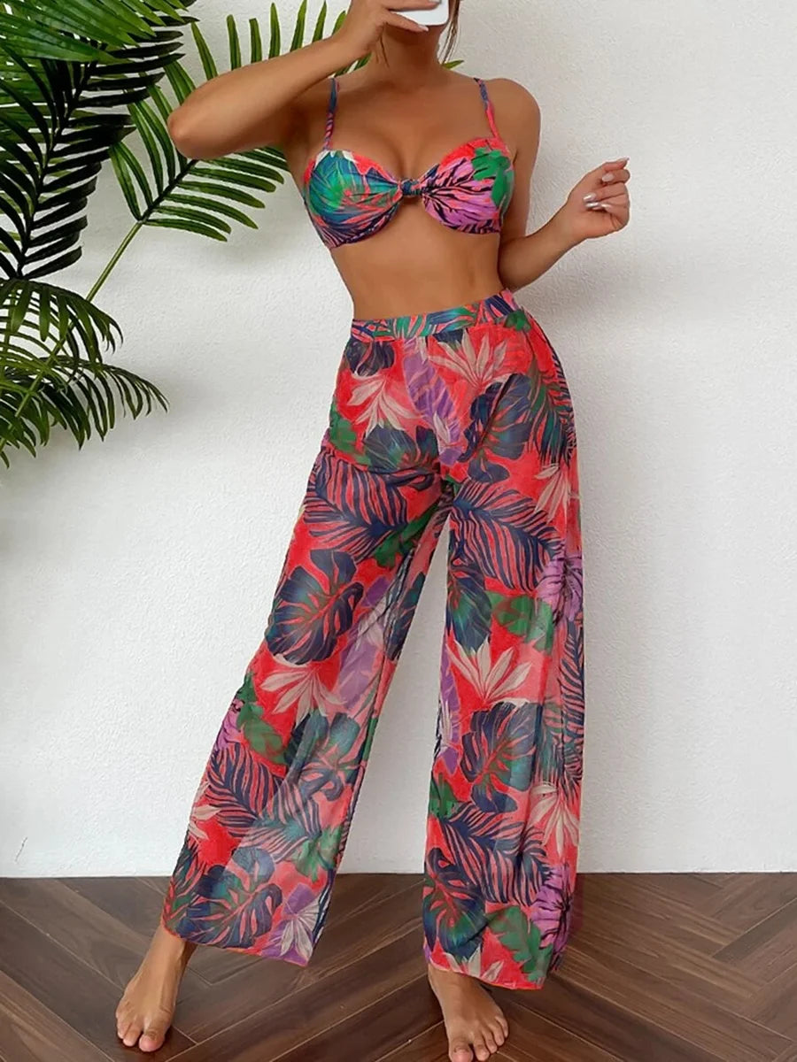 2024 Women's Print Three-Piece Bikini with Long Pants Swimsuit 2