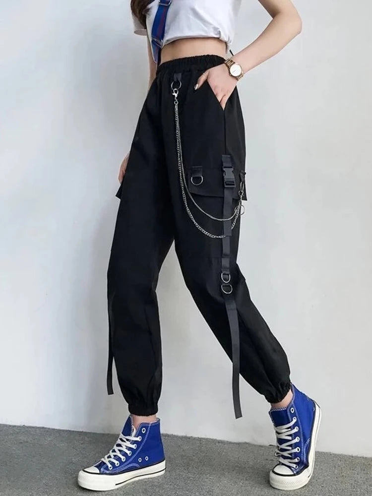 Women Cargo Pants  Harem Pants Fashion Punk Pockets Jogger Trousers With Chain Harajuku Elastics High Waist Streetwear 4