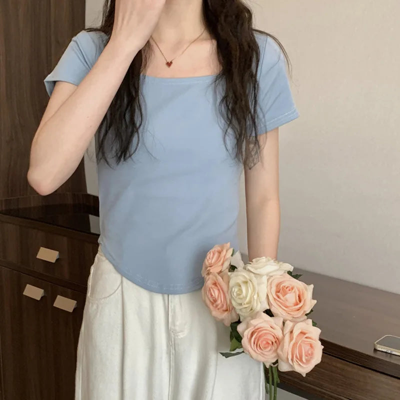 Women Long Sleeve Square Neck T-Shirt Spring And Autumn New Irregular Hem Slim Casual Top Girl Bottom Shirts 15