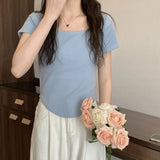 Women Long Sleeve Square Neck T-Shirt Spring And Autumn New Irregular Hem Slim Casual Top Girl Bottom Shirts 15