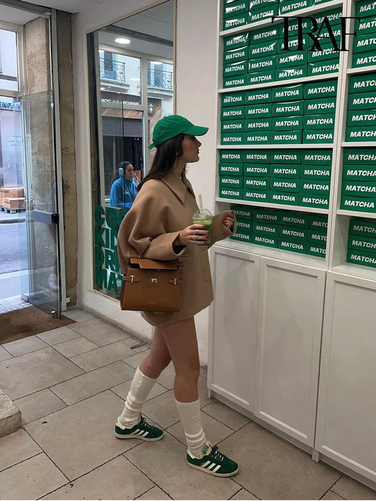 Women's Casual Vintage Khaki Coat Bat Sleeve Lapel Warm Tweed Coat Autumn and Winter Fashion Loose Single Breasted Coat 6