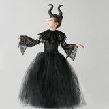 2024 New Maleficent Halloween Costume Maleficent Tulle Dress for Girls Cosplay Evil Queen Black Mesh Princess Dress Kids 2