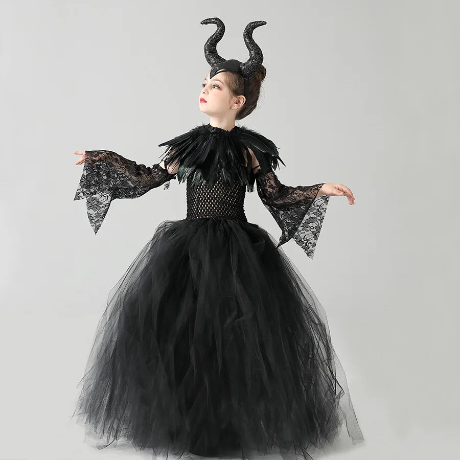 2024 New Maleficent Halloween Costume Maleficent Tulle Dress for Girls Cosplay Evil Queen Black Mesh Princess Dress Kids 2