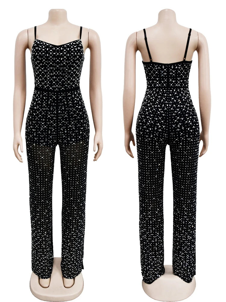 Women Club Outfits Spaghetti Strap Bodycon Jumpsuits Sparkly Rhinestone Romper Birthday Night Out One Piece Clubwear 3