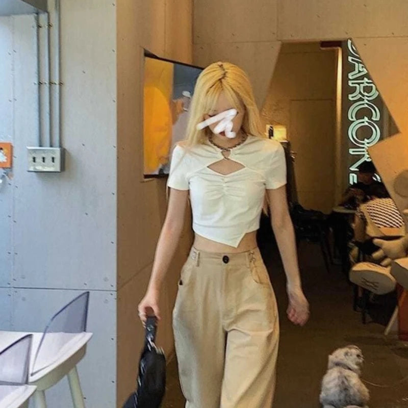 High Street Short Sleeve T-shirt Women Harajuku Summer Hollow Out Slim Design Ins Korean Style Above Navel Cropped Top All-match 2