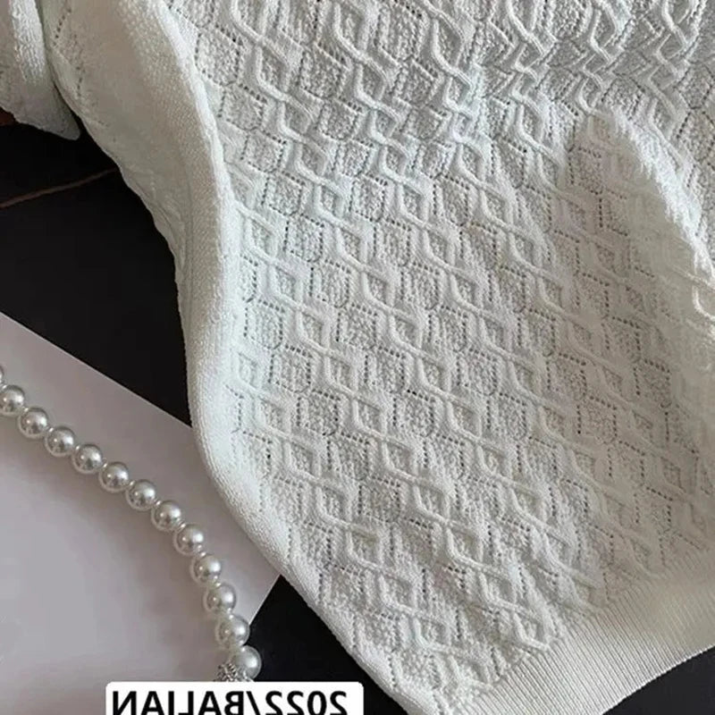 Ice Silk Polo Shirt Knitted Short Sleeve T-Shirt Summer Chic Thin Unique Jacquard Women Tops 2025 Korean Style Women’s Clothing 3