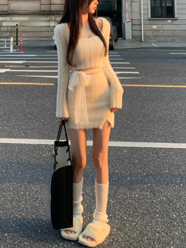 Autumn Sweater Knitted Suits Female Elegant 2 Piece Skirt Sets Korean Fashion Even Party Y2k Mini Dress Office Lady Short Skirts 4