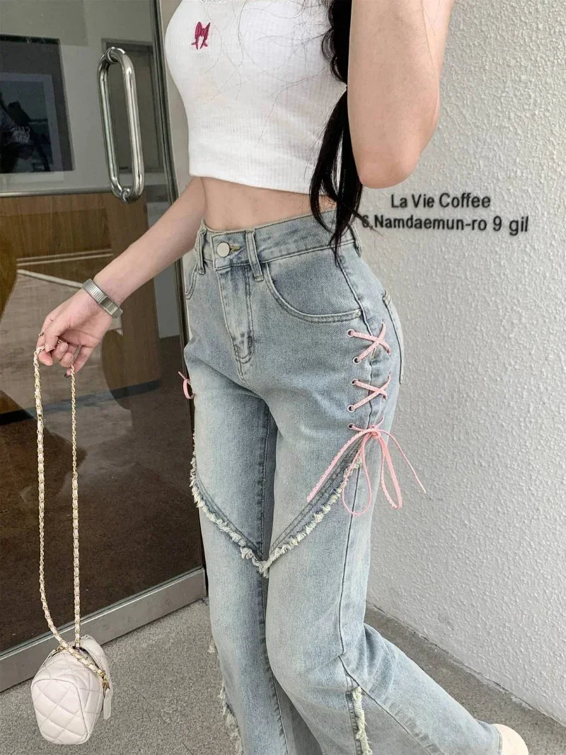 American Split Jeans Women Pink Bandage High Waist Irregular Spliced Denim Pants Zipper Fly Trousers Y2k Pantalon Femme 5
