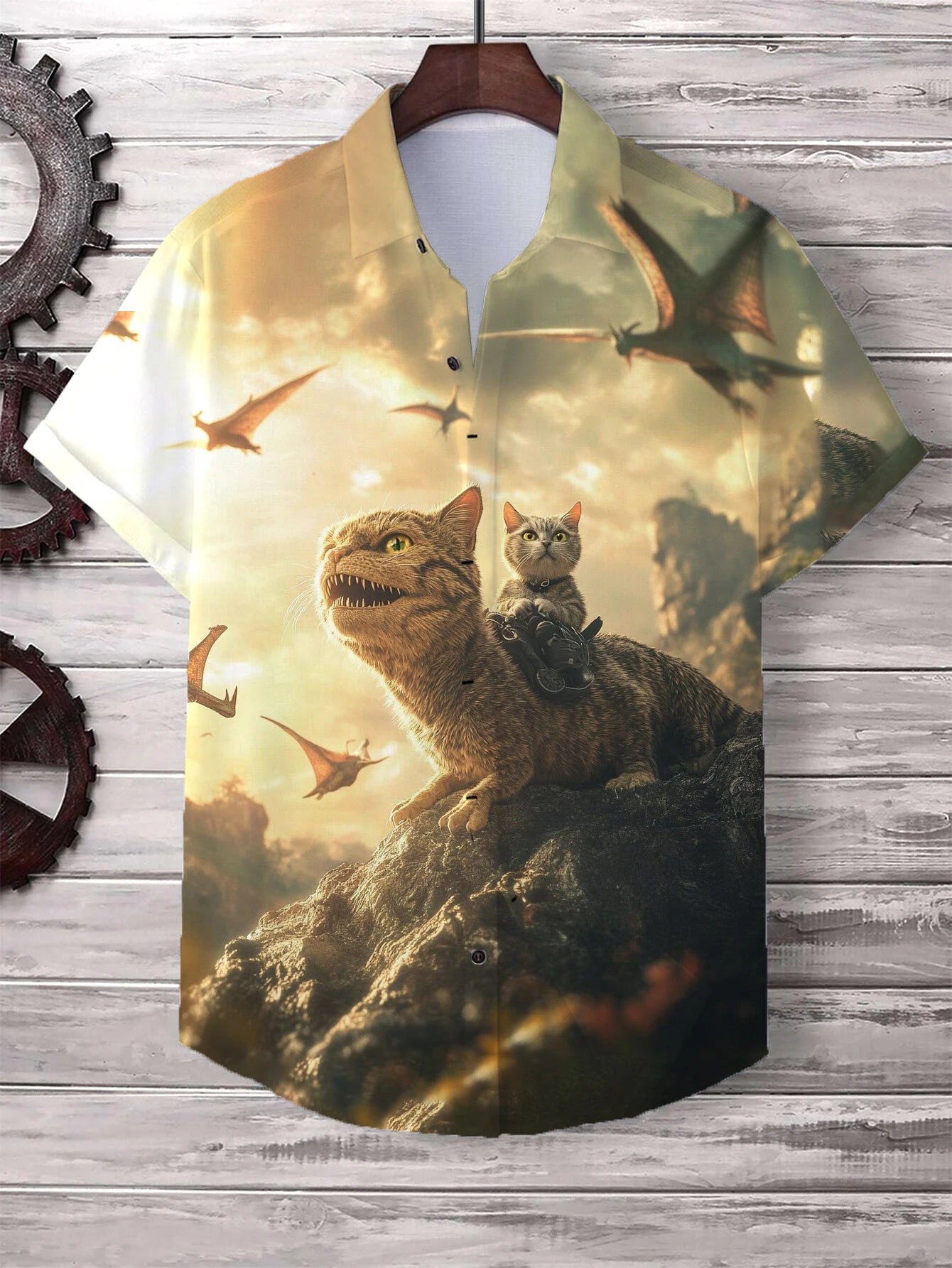 Men's Playful Cat Graphic Button-Down