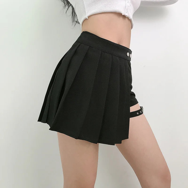 Pleated Girls Gothic Half Skirts Summer Harajuku Punk Style Plaid Irregular Skirts Women Asymmetrical High Waist Black Skirts 3