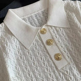 Ice Silk Polo Shirt Knitted Short Sleeve T-Shirt Summer Chic Thin Unique Jacquard Women Tops 2025 Korean Style Women’s Clothing 2
