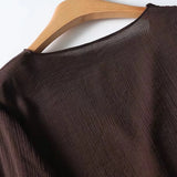 YENKYE Spring 2025 Women Brown Long Sleeve V Neck Ruffle Shirt Office Casual Blouse Blusas Mujer 6