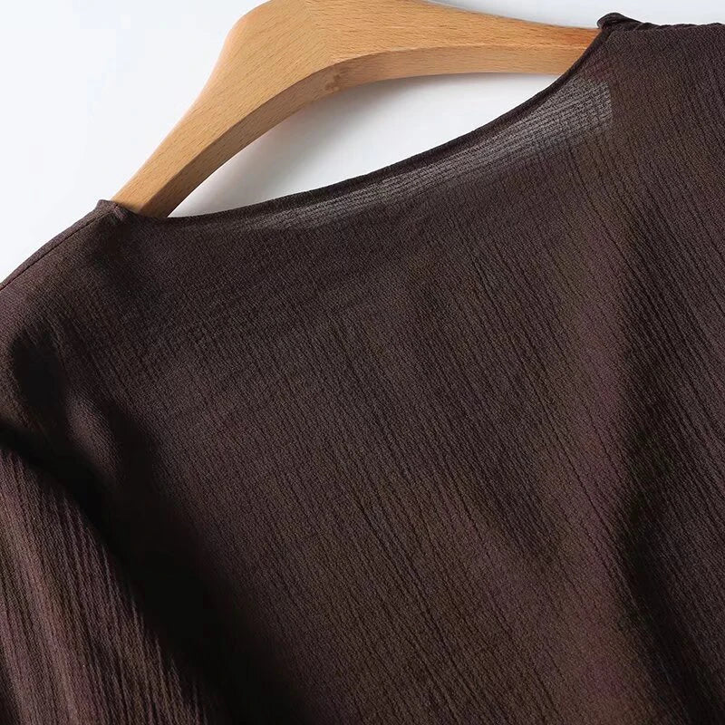 YENKYE Spring 2025 Women Brown Long Sleeve V Neck Ruffle Shirt Office Casual Blouse Blusas Mujer 6