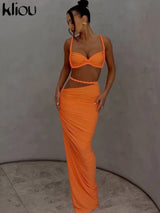 kliou Woven Sexy Women 2 Piece Set Stunning Hot Solid Pleated Crop Camisoles+High Waist Maxi Skirts Female Trend Vacation Outfit 3