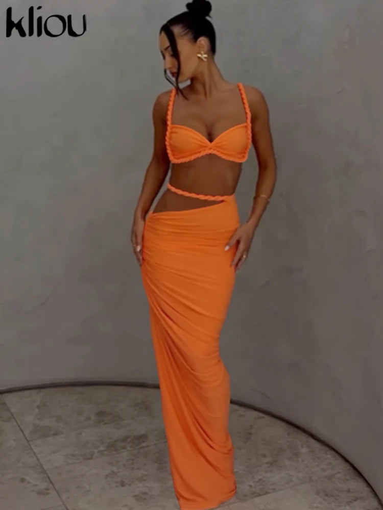kliou Woven Sexy Women 2 Piece Set Stunning Hot Solid Pleated Crop Camisoles+High Waist Maxi Skirts Female Trend Vacation Outfit 3