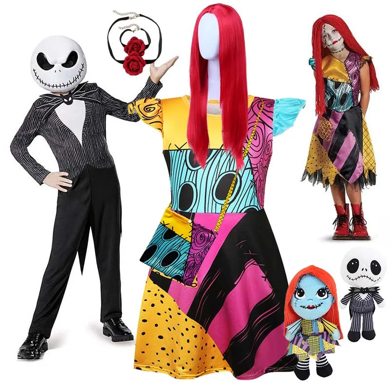 Baby Girls Halloween Cosplay Party Sally Dresses The Nightmare Before Christmas Anime Children Horror Cosplay Costume Outfit