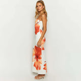 Women 2025 New Flower Printed Tubeless Dress Casual Vacation Off Shoulder Slim Beach Floor Length Long Dress 6