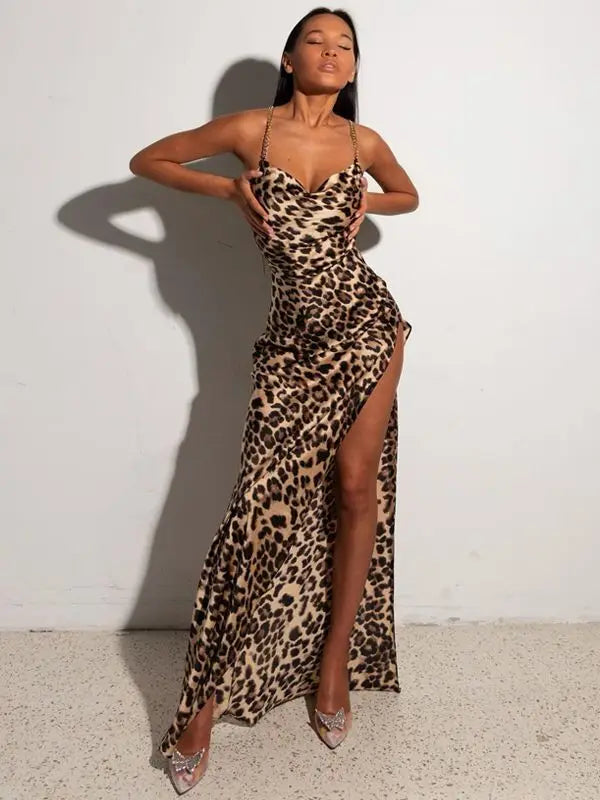 Dulzura Leopard Print Women Chain Strap Side Slit Maxi Dress Backless Bodycon Sexy Streetwear Festival 2024 Evening Elegant 5