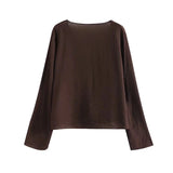 YENKYE Spring 2025 Women Brown Long Sleeve V Neck Ruffle Shirt Office Casual Blouse Blusas Mujer 2